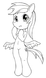 Size: 350x592 | Tagged: safe, artist:auntie_grub, imported from derpibooru, rainbow dash, pegasus, pony, semi-anthro, bipedal, female, grin, looking at you, mare, simple background, smiling, smiling at you, solo, white background, wings