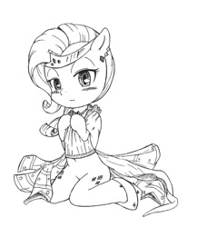 Size: 701x808 | Tagged: safe, artist:auntie_grub, imported from derpibooru, rarity, pony, semi-anthro, unicorn, clothes, female, horn, lidded eyes, looking at you, mare, monochrome, simple background, sitting, smiling, smiling at you, solo, white background