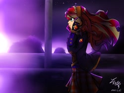 Size: 2048x1536 | Tagged: safe, artist:zeng_shuai_qi, imported from derpibooru, sunset shimmer, human, equestria girls, clothes, dated, female, headphones, jacket, plaid skirt, signature, skirt, solo