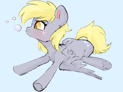 Size: 1079x804 | Tagged: safe, artist:woollyart, imported from derpibooru, derpy hooves, pegasus, pony, blowing bubbles, blue background, bubble, eyelashes, female, lying down, prone, simple background, solo, spread wings, wings