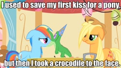 Size: 960x540 | Tagged: safe, edit, edited screencap, imported from derpibooru, screencap, applejack, gummy, rainbow dash, alligator, earth pony, pegasus, party of one, apple bobbing, arrow in the knee (meme), caption, female, first kiss, image macro, impact font, meme, text, wet