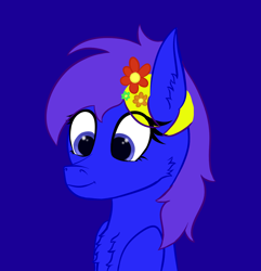 Size: 1300x1350 | Tagged: safe, artist:windy, imported from derpibooru, oc, oc only, oc:spacer rhythmic, pony, blue background, blue eyes, bust, cheek fluff, chest fluff, colored, cute, ear fluff, female, flat colors, flower, flower in hair, mare, simple background, smiling, solo, two toned mane, upper body