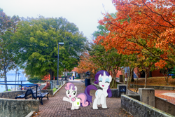 Size: 1500x1000 | Tagged: safe, artist:dashiesparkle, artist:mlplover94, imported from derpibooru, rarity, sweetie belle, pony, unicorn, arkansas, bag, bench, duo, eyes closed, female, filly, foal, irl, little rock, mare, open mouth, outdoors, photo, ponies in real life, raised hoof, saddle bag, siblings, sisters, smiling