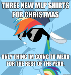 Size: 625x654 | Tagged: safe, imported from derpibooru, rainbow dash, pegasus, pony, may the best pet win, backwards ballcap, bad idea, baseball cap, cap, caption, christmas, clothes, female, hat, holiday, image macro, imminent beatdown, impact font, meme, merchandise, radical, shirt, sunglasses, text