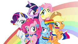 Size: 1280x723 | Tagged: safe, artist:joburii, imported from derpibooru, applejack, fluttershy, pinkie pie, rainbow dash, rarity, twilight sparkle, alicorn, earth pony, pegasus, pony, unicorn, applejack's hat, asexual pride flag, bisexual pride flag, cape, choker, clothes, cowboy hat, eyeshadow, face paint, female, flower, gay pride flag, grin, hat, lesbian pride flag, makeup, mane six, mare, mouth hold, nonbinary, nonbinary pride flag, open mouth, pansexual pride flag, pride, pride flag, rainbow, rose, shutter shades, simple background, smiling, sunglasses, trans female, transgender, transparent background, twilight sparkle (alicorn), unlabeled pride flag