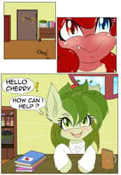 Size: 1247x1800 | Tagged: safe, artist:freefraq, imported from derpibooru, oc, oc:cherry slime, oc:flower, goo, goo pony, original species, plant pony, comic:cherry visit shenigans, clothes, comic, lab coat, plant