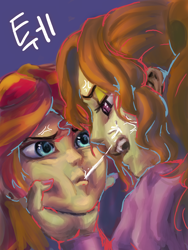 Size: 1500x2000 | Tagged: safe, artist:zzugguri, imported from derpibooru, adagio dazzle, sunset shimmer, human, equestria girls, annoyed, female, indigo background, lesbian, shipping, simple background, spit, sunsagio