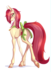 Size: 3200x4488 | Tagged: safe, artist:satan, imported from derpibooru, roseluck, earth pony, pony, bow, butt, chest fluff, collar, commission, commissioner:doom9454, concave belly, cute, female, high res, long legs, long tail, looking at you, looking back, looking back at you, mare, pet collar, pet tag, plot, pony pet, rosebutt, rosepet, skinny, solo, tail, tail bow, thin