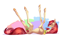 Size: 4800x3200 | Tagged: safe, artist:satan, imported from derpibooru, roseluck, earth pony, pony, collar, commission, commissioner:doom9454, concave belly, cute, eyes closed, female, high res, long legs, lying down, mare, on back, pet collar, pet tag, pillow, pony pet, rosepet, skinny, solo, stretching, tail, thin