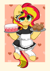 Size: 2809x3976 | Tagged: safe, artist:kittyrosie, imported from derpibooru, sunset shimmer, semi-anthro, unicorn, equestria girls, blushing, cake, clothes, cute, food, maid, muffin, shimmerbetes, solo