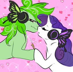 Size: 811x807 | Tagged: safe, artist:burgerpaws, artist:pumpkabooo, imported from derpibooru, rarity, oc, oc:stoney poney, earth pony, pony, unicorn, canon x oc, drugs, duo, female, headphones, high, joint, kissing, lesbian, magnet, mare, marijuana, shipping, smoke, song reference, vocaloid