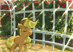 Size: 1024x724 | Tagged: safe, artist:neoshrek, imported from derpibooru, applejack, earth pony, pony, crepuscular rays, eyes closed, female, fence, flower, mare, outdoors, road, solo, sunlight, walking