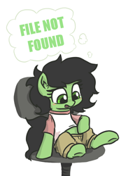 Size: 506x704 | Tagged: safe, artist:plunger, imported from derpibooru, oc, oc:filly anon, earth pony, pony, 404, blushing, chair, clothes, ear fluff, earth pony oc, female, file not found, filly, foal, implied penis, looking down, mare, office chair, open mouth, pants, shirt, simple background, sitting, solo, t-shirt, thought bubble, white background