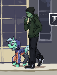 Size: 496x656 | Tagged: safe, artist:plunger, imported from derpibooru, lyra heartstrings, oc, oc:anon, human, pony, unicorn, beanie, beanie hat, cigarette, clothes, drawthread, duo, female, glasses, hat, holding, hoodie, human male, male, mare, ponified, smiling, smoking, walking
