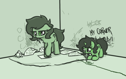 Size: 642x404 | Tagged: safe, artist:plunger, imported from derpibooru, oc, oc only, oc:filly anon, earth pony, pony, unicorn, chest fluff, corner, crouching, duo, earth pony oc, female, filly, floppy ears, foal, graffiti, horn, looking at each other, looking at someone, standing, trash, unicorn oc