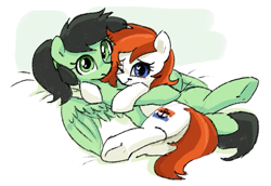 Size: 813x559 | Tagged: safe, artist:plunger, imported from derpibooru, oc, oc only, oc:filly anon, oc:silverfoot, earth pony, pegasus, pony, blushing, butt, cuddling, cute, earth pony oc, eyebrows, female, filly, foal, hair tie, heart eyes, hug, looking at you, lying down, mare, on back, on side, one eye closed, pegasus oc, plot, ponytail, smiling, smiling at you, spread wings, underhoof, wingding eyes, wings