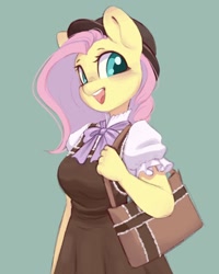 Size: 856x1068 | Tagged: safe, artist:melodylibris, imported from derpibooru, fluttershy, anthro, pegasus, blushing, bow, clothes, cute, dress, female, green background, looking at you, mare, open mouth, open smile, purse, shyabetes, simple background, smiling, smiling at you, solo