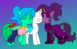 Size: 1084x683 | Tagged: safe, artist:fsnyion, imported from derpibooru, oc, oc:blissy, oc:dee-vos, oc:nyion, changedling, changeling, hybrid, pony, pony town, blushing, kissing