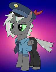 Size: 526x675 | Tagged: safe, artist:fsnyion, imported from derpibooru, oc, oc only, oc:aurelioss, hybrid, clothes, fangs, folded wings, full body, gradient background, hooves, horn, lidded eyes, male, necktie, police, police hat, police officer, police uniform, solo, stallion, standing, tail, uniform, uniform hat, wings