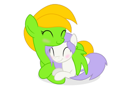 Size: 2970x2100 | Tagged: safe, artist:candy meow, imported from derpibooru, oc, oc only, oc:candy meow, oc:mockery, earth pony, pegasus, pony, blushing, colt, cuddling, digital art, duo, earth pony oc, eyes closed, female, foal, green body, green fur, high res, hug, lying down, male, mane, mare, pegasus oc, purple hair, purple mane, purple tail, shadow, show accurate, simple background, smiling, snuggling, tail, transparent background, white body, white fur, winghug, wings, yellow hair, yellow mane, yellow tail