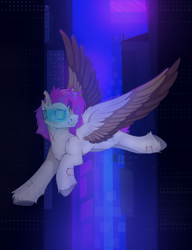 Size: 2300x3000 | Tagged: safe, artist:molars, imported from derpibooru, oc, oc only, oc:molars, pegasus, pony, bite mark, city, cityscape, cyberpunk, flying, ponysona, scar, solo, spread wings, visor, wings