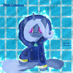 Size: 2048x2048 | Tagged: safe, artist:dianacrafty, imported from derpibooru, trixie, pony, unicorn, abstract background, clothes, female, hoodie, mare, sitting, solo, text