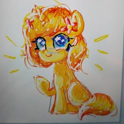 Size: 2320x2320 | Tagged: safe, artist:doodle.vxe, imported from derpibooru, oc, oc:juicy pineapple, pony, unicorn, chibi, female, flower, flower in hair, looking up, mare, ms paint, photo, simple background, sitting, sketch, solo, starry eyes, white background, wingding eyes