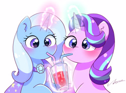 Size: 3652x2696 | Tagged: safe, artist:leo19969525, imported from derpibooru, starlight glimmer, trixie, pony, unicorn, blushing, cape, clothes, cute, diatrixes, drink, drinking, duo, duo female, female, glimmerbetes, glowing, glowing horn, hair, high res, horn, jewelry, lesbian, levitation, magic, mare, shipping, simple background, startrix, telekinesis, trixie's cape, white background