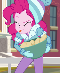 Size: 897x1080 | Tagged: safe, edit, edited screencap, imported from derpibooru, screencap, pinkie pie, human, equestria girls, equestria girls series, holidays unwrapped, spoiler:eqg series (season 2), blizzard or bust, clothes, cropped, food, ponk, potato, solo, tongue out, winter outfit