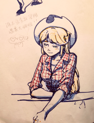 Size: 2183x2861 | Tagged: safe, artist:jsdhwdmax028, imported from derpibooru, applejack, human, clothes, humanized, solo, traditional art
