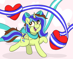Size: 3590x2914 | Tagged: safe, artist:doodledonutart, imported from derpibooru, oc, oc only, oc:epsi pep power, alicorn, pony, alicorn oc, bow, clothes, commission, hair bow, heart, horn, ribbon, scarf, solo, wings