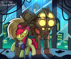 Size: 2400x2000 | Tagged: safe, artist:freak-side, imported from derpibooru, apple bloom, earth pony, pony, big daddy, bioshock, city, crossover, female, filly, foal, g4, little sister
