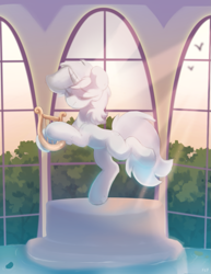 Size: 945x1225 | Tagged: safe, artist:flixanoa, imported from derpibooru, lyra heartstrings, unicorn, female, fountain, lyre, musical instrument, solo, standing, standing on one leg, statue