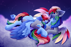 Size: 3500x2329 | Tagged: safe, artist:shinoshai, imported from derpibooru, rainbow dash, oc, oc:dark rainbow, pegasus, pony, butt, canon x oc, cloud, colored wings, constellation, cuddling, cute, darsh, duo, female, female on male, holding, holding hooves, male, mare, multicolored wings, night, pegasus oc, plot, rainbow wings, sexy, shipping, stallion, stars, straight, wings