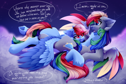 Size: 3500x2329 | Tagged: safe, alternate version, artist:shinoshai, imported from derpibooru, rainbow dash, oc, oc:dark rainbow, pegasus, pony, butt, canon x oc, cloud, colored wings, constellation, cuddling, cute, darsh, dialogue, duo, female, female on male, holding, holding hooves, male, mare, multicolored wings, night, pegasus oc, plot, rainbow wings, sexy, shipping, stallion, straight, wings