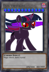 Size: 421x614 | Tagged: safe, artist:asylum90210, artist:corrupted rd, imported from derpibooru, twilight sparkle, pony, unicorn, the return of harmony, color change, colored horn, corrupted, corrupted twilight sparkle, curved horn, dark magic, darkened coat, darkened hair, female, horn, magic, mare, op is trying to start shit so badly that it's kinda funny, op isn't even trying anymore, simple background, solo, sombra eyes, sombra horn, unicorn twilight, wavy hair, white background, yu-gi-oh!