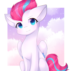 Size: 1500x1500 | Tagged: safe, artist:dddreamdraw, imported from derpibooru, zipp storm, pegasus, pony, adorazipp, blushing, cloud, colored pupils, colored wings, concave belly, cute, female, g5, looking at you, mare, passepartout, sitting, smiling, solo, two toned wings, wings