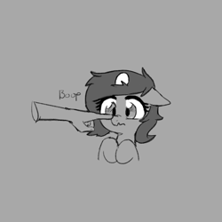 Size: 800x800 | Tagged: safe, artist:kabayo, imported from derpibooru, oc, oc only, oc:filly anon, pony, boop, disembodied hand, egg (food), female, filly, floppy ears, foal, food, gray background, grayscale, hand, looking at something, monochrome, nose wrinkle, noseboop, simple background, solo, text