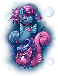 Size: 2550x3300 | Tagged: safe, artist:mychelle, imported from derpibooru, seawinkle, wavedancer, sea pony, bubble, cute, digital art, ear fluff, eyes closed, female, fins, flowing mane, g1, g1 to g4, g4, generation leap, jewelry, looking at you, mare, mermay, music notes, necklace, ocean, open mouth, pearl necklace, purple eyes, shoo be doo, simple background, singing, smiling, transparent background, underwater, water, wavedorable, winklebetes