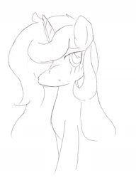 Size: 1506x1963 | Tagged: safe, artist:ginmaruxx, imported from derpibooru, oc, oc only, pony, unicorn, female, horn, looking at you, mare, monochrome, simple background, solo, white background