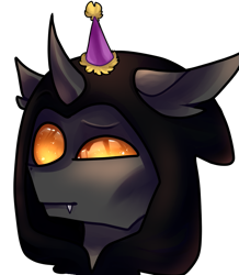 Size: 735x841 | Tagged: safe, artist:minty--fresh, imported from derpibooru, oc, oc:flavis, changeling, birthday, confused, hat, party hat, profile picture, simple background, solo, transparent background, yellow changeling, yellow eyes