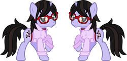 Size: 2264x1094 | Tagged: safe, artist:lightningbolt, derpibooru exclusive, imported from derpibooru, pony, unicorn, .svg available, brendon urie, clothes, frown, glasses, hoodie, horn, looking at you, male, panic! at the disco, ponified, raised hoof, raised leg, shirt, show accurate, simple background, solo, stallion, svg, transparent background, undershirt, vector