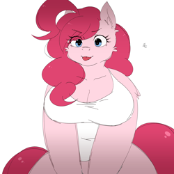 Size: 1500x1500 | Tagged: safe, artist:うめぐる, imported from derpibooru, pinkie pie, anthro, earth pony, alternate hairstyle, breasts, clothes, eye clipping through hair, female, japanese, looking at you, mare, simple background, solo, tongue out, white background