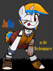 Size: 750x997 | Tagged: artist needed, safe, imported from derpibooru, oc, oc:julia minx, unicorn, bandaid, blue mane, borderlands, clothes, cute, leaning, leaning forward, looking at you, mechromancer, one eye closed, orange mane, red eyes, robotic arm, short tail, skirt, solo, tail, tongue out, white coat, wink