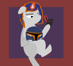 Size: 1667x1500 | Tagged: safe, artist:minxtaperino, imported from derpibooru, oc, oc:julia minx, unicorn, blue mane, cellphone, helmet, mandalorian, orange mane, phone, red eyes, smartphone, solo, white coat