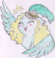 Size: 3256x3464 | Tagged: safe, artist:foxtrot3, imported from derpibooru, oc, oc:swan song, pegasus, pony, blonde, blushing, ear piercing, feather hat, hat, laughing, piercing, smiling, solo, waving