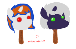 Size: 1628x1071 | Tagged: safe, artist:minxtaperino, imported from derpibooru, oc, oc only, oc:fading, oc:julia minx, unicorn, blue mane, duo, food, green eyes, ice cream, joke, meme, orange mane, popsicle, red eyes, simple background, transparent background, white coat