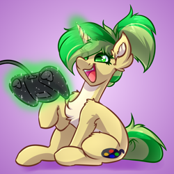 Size: 4000x4000 | Tagged: safe, artist:witchtaunter, imported from derpibooru, oc, oc:joystick, pony, unicorn, chest fluff, commission, controller, ear fluff, female, gradient background, happy, magic, ponytail, sitting, smiling, solo, telekinesis, xbox