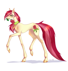 Size: 2768x2904 | Tagged: safe, artist:satan, imported from derpibooru, roseluck, pony, collar, commission, commissioner:doom9454, concave belly, cute, flower, flower in mouth, long legs, long tail, mouth hold, pet tag, pony pet, rose, rosepet, simple background, skinny, slim, solo, tail, thin, thin legs, white background