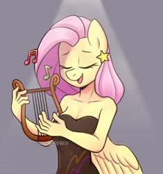 Size: 1215x1291 | Tagged: safe, artist:handgunboi, imported from derpibooru, fluttershy, anthro, pegasus, black dress, breasts, busty fluttershy, clothes, dress, eyes closed, female, light, lyre, musical instrument, simple background, solo, spotlight, spread wings, wings, wings down